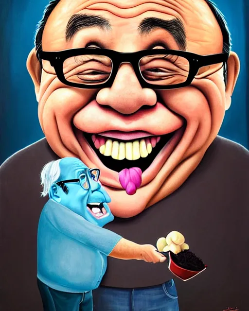 Image similar to painting portrait of danny devito as a ham, cartoon, warm lighting, danny devito has a ham body, danny devito's face on a ham. movie poster, illustration by bartek fedyczak, erak note, tooth wu, neil richards, kan liu, siwoo kim, jisu choe, trending on art station