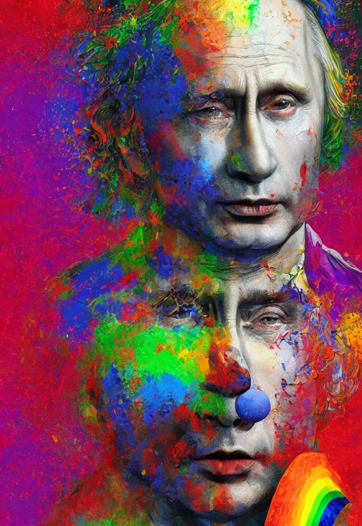 Image similar to a highly detailed portrait of Vladimir Putin as a colorful clown, gay pride flag background, intricate, digital painting, old english, particles floating, whimsical background by marc simonetti, John Singer Sargent style, masterpiece, stunning