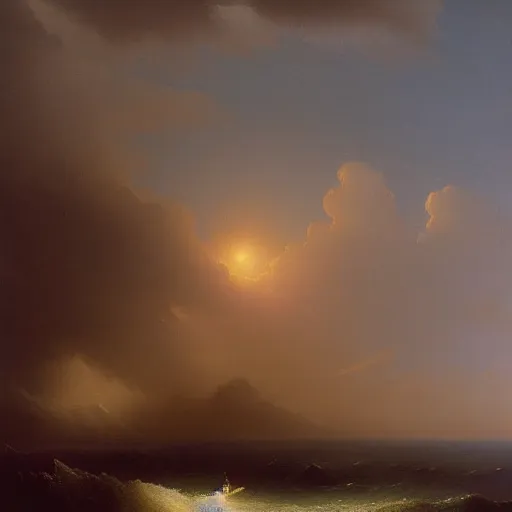 Prompt: painting of a singular lighthouse, shining its light across a tumultuous sea by Aivazovsky, Trending on artstation
