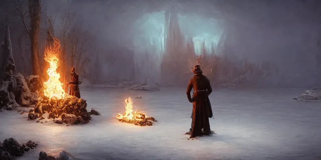 Prompt: An ultrawide shot of a necromancer standing in the center of a surreal icy lake, necromancer is holding a human heart on fire with blazing flames by albert bierstadt albert ramon puig Simon Stålenhag greg rutkowski netter, an epic fantasy, dramatic lighting, cinematic, establishing shot, extremely high detail, photorealistic, cinematic lighting, artstation, horizon forbidden west, ray tracing rendered in octane 8k 3d light study