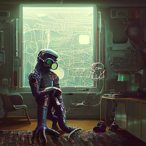 Prompt: portrait of a squid monster astronaut, in a 1970s livingroom , full body portrait, well lit, intricate abstract. cyberpunk, intricate artwork, by Tooth Wu, wlop, beeple. octane render, trending on artstation, greg rutkowski very coherent symmetrical artwork. cinematic, hyper realism, high detail, octane render, 8k, minimalistic, hyperrealistic surrealism, award winning masterpiece with incredible details, a surreal vaporwave liminal space, highly detailed, trending on ArtStation