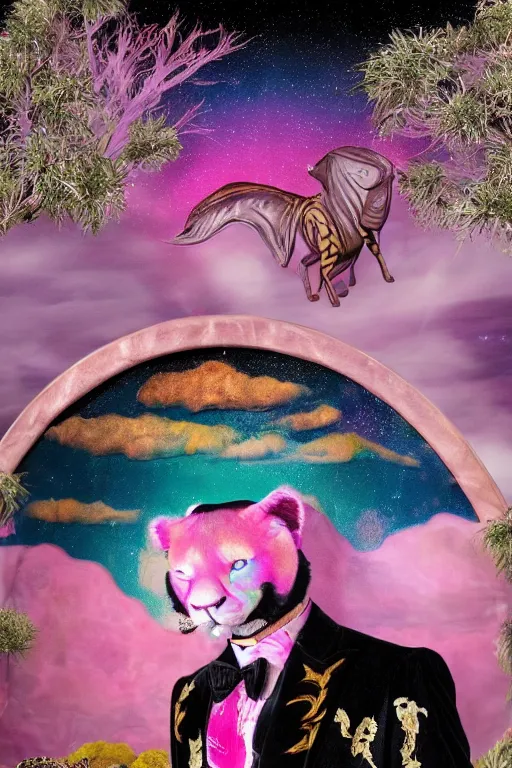 Image similar to Ethereal safari landscape with a pink rainbow sky under a god moonstone, black leather and embroidered Lolita dapper bespoke avant-garde tuxedo in velvet, black and gold rich color, dramatic cinematic lighting, featured on Artstation, extremely detailed by Lisa Frank