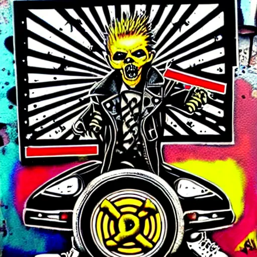 Prompt: painting on a badge, punks not dead!, exploited, clash, junk yard, rats, punk rock album cover art style, grunge, no future