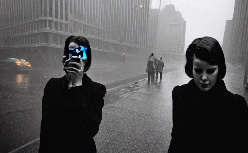 Image similar to cinestill selfie with iphone and mechanical monstrosity, hyperdetailed, by vivian maier,, pouring rain menacing lights shadows, 8 k, hd, high resolution, 3 5 mm, f / 3 2, ultra realistic faces, ex machina