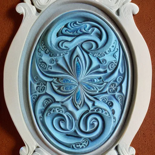 Prompt: paisley, fractals, swirls, ernst haeckel, carved soapstone relief paneling white and pale blue