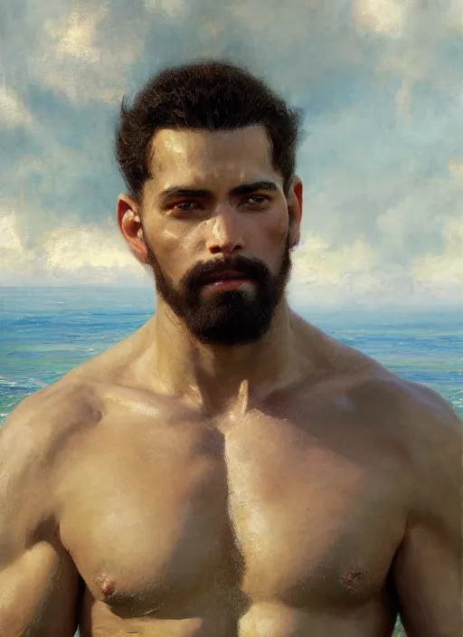 Image similar to detailed cinematic wide shot of muscular attractive young mulatto man beard slim face symmetrical face tanskin green eyes white hair wearing sea clothes, ultra realistic, spring light, painting by gaston bussiere, craig mullins, j. c. leyendecker