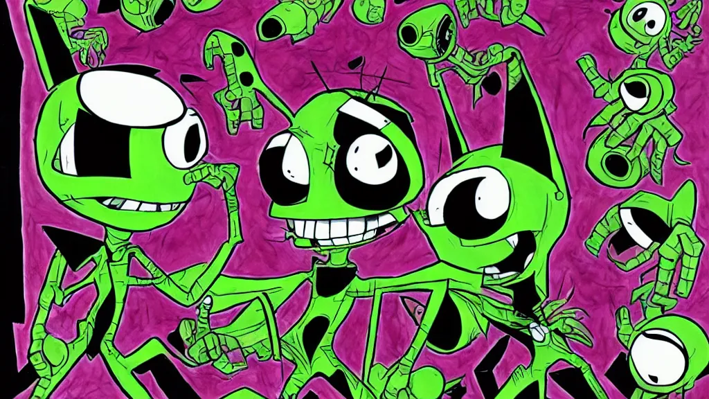 Image similar to Zim!!! from Invader Zim, in the style of artist Kim Jung Gi,