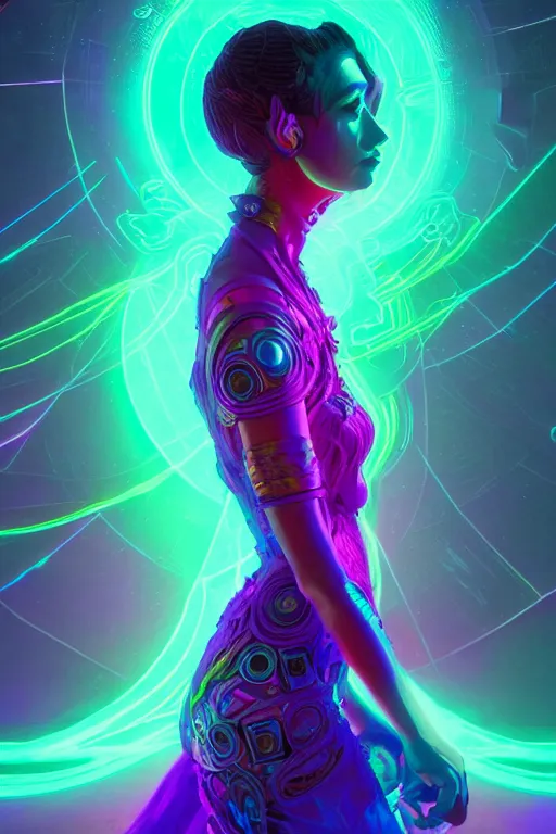 Image similar to void goddess wearing a dress made of neon, surreal, 4 k, unreal engine, octane render, simon stalenhag, d & d, fantasy, intricate, elegant, highly detailed, digital painting, artstation, concept art, matte, sharp focus, illustration, hearthstone, art by artgerm and greg rutkowski