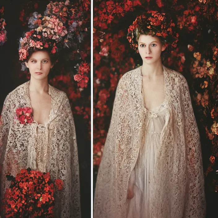 Image similar to closeup portrait of a woman with a cloak made of lace and flowers, standing in a hall of mirrors, by Annie Leibovitz and Steve McCurry, natural light, detailed face, CANON Eos C300, ƒ1.8, 35mm, 8K, medium-format print