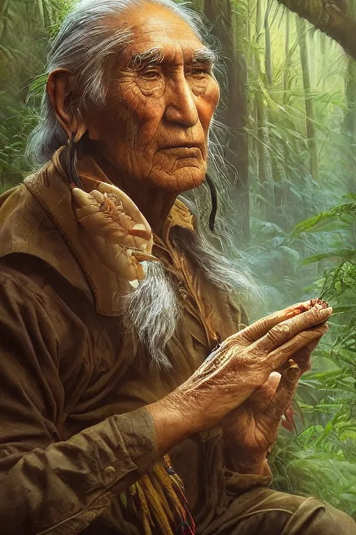 Image similar to a beautiful portrait of chief dan george taking tobacco snuff in the jungle, hyper realistic face, fantasy art, in the style of greg rutkowski, intricate, matte painting, hyper detailed, smooth