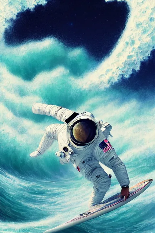 Image similar to a beautiful digital painting of an astronaut in a white space suit surfing the great wave on a surfboard by greg rutkowski, photorealistic, trending on artstation, highly detailed, intricate, unreal engine, octane render