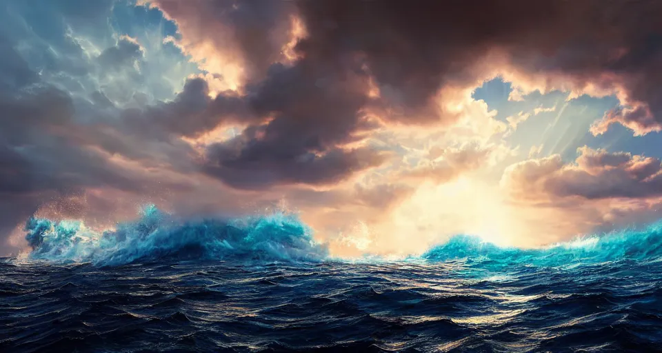 Prompt: ship at sea, big waves, blue skies, voluminous clouds, dramatic lighting, sunshine rays, deep colors, masterpiece, amazing, beautiful, light bloom, photo - realistic, hyperdetailed, hyperrealistic, photography, 8 k resolution, behance hd, trending in artstation