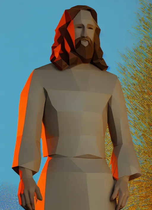 Image similar to low poly 3D model of Jesus Christ created in Blender, full body, 8k, bright colors, neat composition, zoomed out, cute
