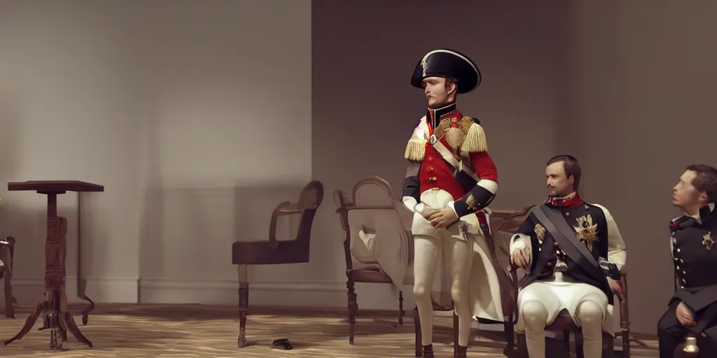 Image similar to napoleon at a talk show, natural lighting, realistic, cinematic, close shot, stolen footage, octane render