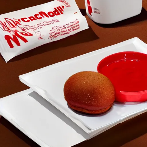 Prompt: Mcdonalds new dish - the McRonald a desert made with bright red cow\'s blood