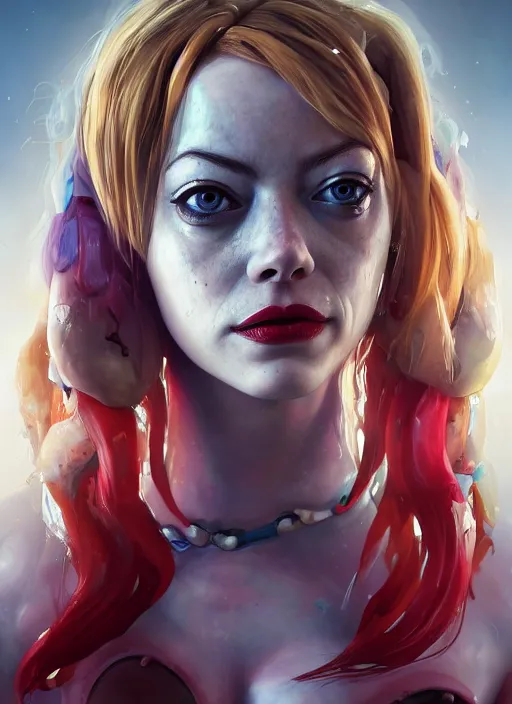 Prompt: underwater biopunk portrait of emma stone as harley quinn, au naturel, hyper detailed, digital art, trending in artstation, cinematic lighting, studio quality, smooth render, unreal engine 5 rendered, octane rendered, art style by klimt and nixeu and ian sprigger and wlop and krenz cushart.