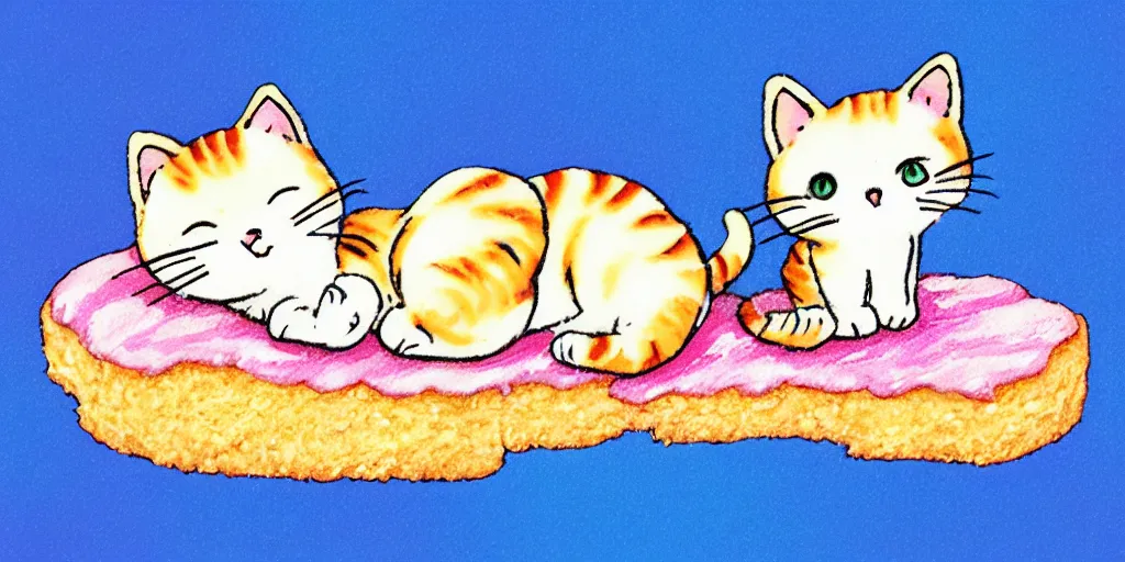 Image similar to a tiny kitten sleeping on a slice of bread, puffy sticker, glitter sticker, kawaii by studio ghibli, by lisa frank 8 k pastel colours, isometric, smeared watercolours,