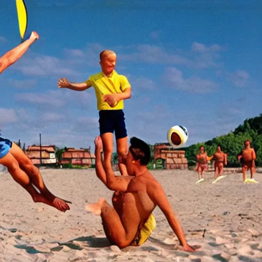 Prompt: Tintin and Asterix playing beachvolley