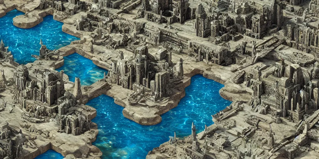 Image similar to Lost city of Atlantis surrounded by oil slick, Disney, hyper real, detailed, octane render, 8k,