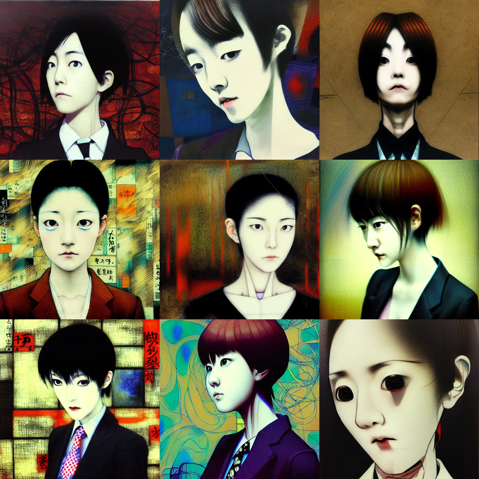 Image similar to yoshitaka amano blurred and dreamy realistic three quarter angle portrait of a young woman with short hair and black eyes wearing office suit with tie, junji ito abstract patterns in the background, satoshi kon anime, noisy film grain effect, highly detailed, renaissance oil painting, weird portrait angle, blurred lost edges