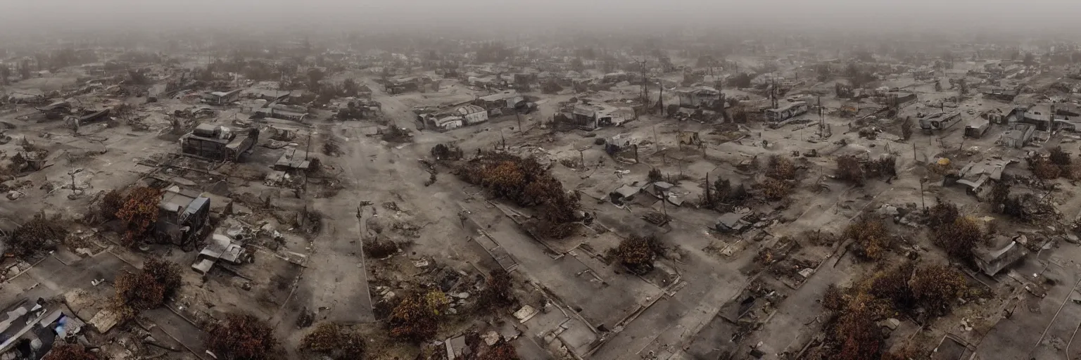 Image similar to wide angle drone shot of dilapidated silent hill in real life, desolate town, empty streets, nightmarish, some rusted retro futuristic fallout 4 style parked cars, overcast, blankets of fog pockets, rain, volumetric lighting, beautiful, daytime, autumn, sharp focus, ultra detailed, cgsociety