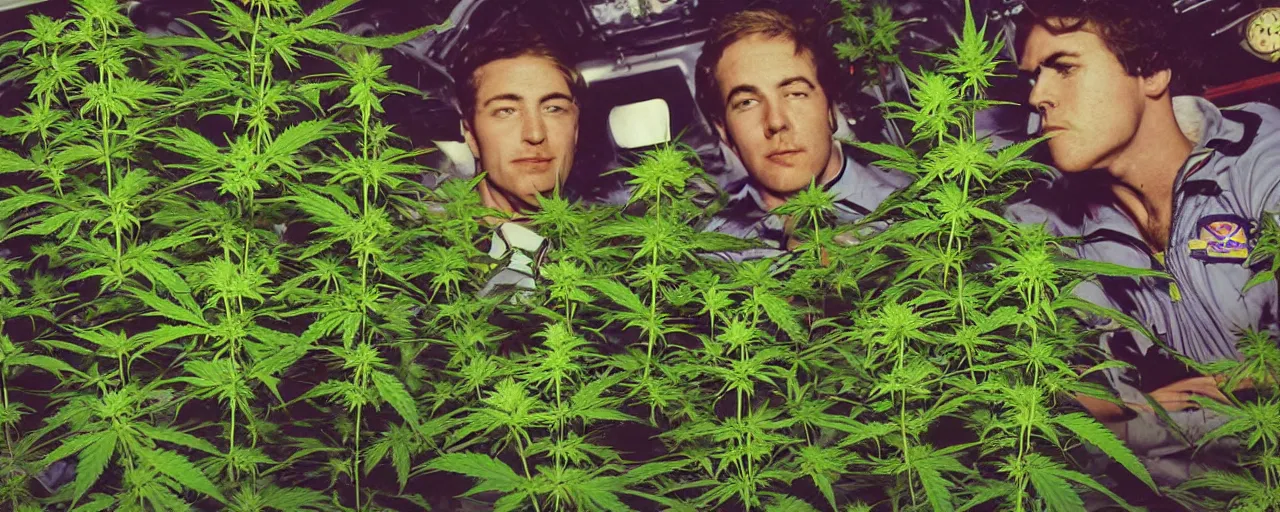 Image similar to apollo astronautsgrowing weed in space, marijuana plants, cannabis leaves, realistic faces, fine detail, retro color photography