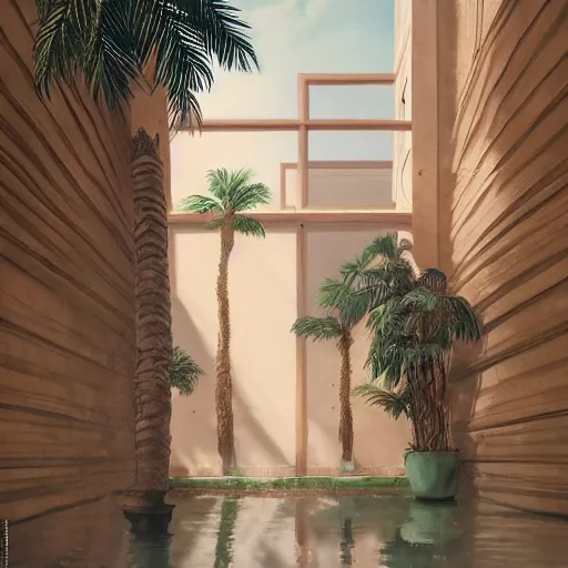 Prompt: indoor liminal space, golden light, greg rutkowski, marble, palm trees, pink door, minimalistic, hyperrealistic surrealism, award winning masterpiece with incredible details, epic stunning, infinity pool mirrors, a surreal vaporwave liminal space with mirrors, highly detailed, trending on artstation, artgerm and greg rutkowski and alphonse mucha, daily deviation