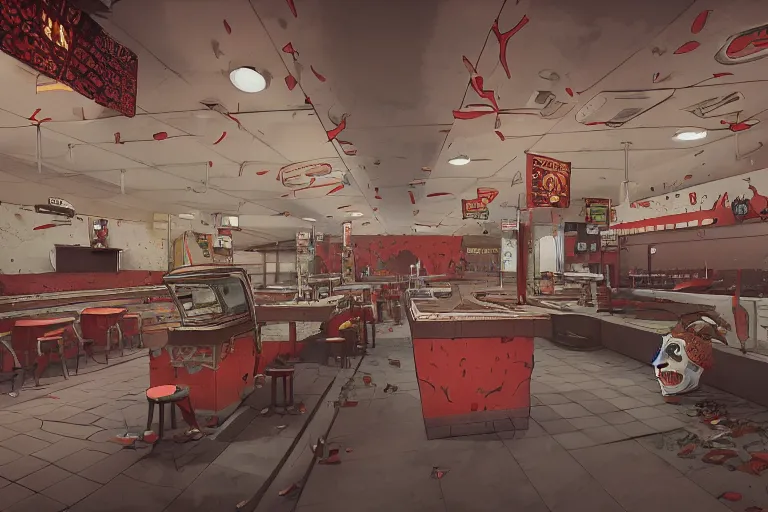 Prompt: the abandoned fast food restaurant of the dead, demons, hell, artstation