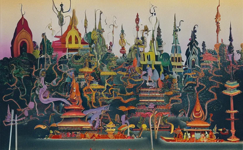 Prompt: ! dream photograph of sri lankan thai temple complex designed by yves tanguy, mark rothko, man ray, salvador dali, max ernst