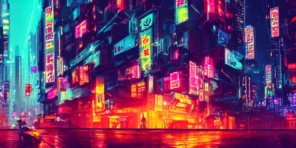 Prompt: a cyberpunk city raining at night, cat sitting under a neon japanese sign, artstation, hd 4k