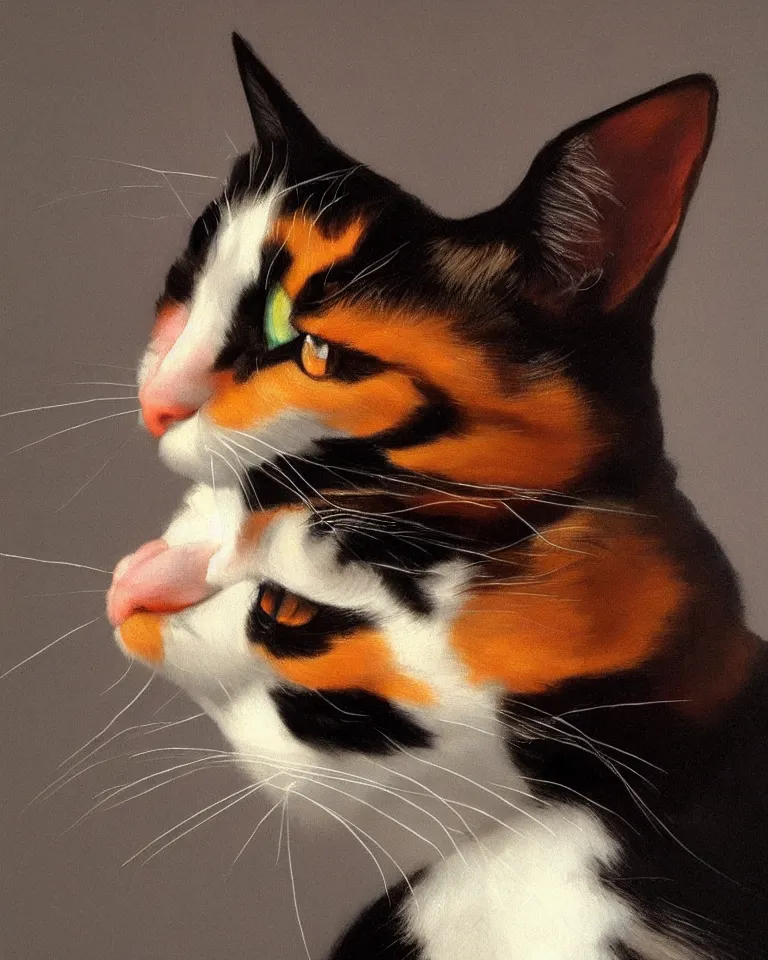 Prompt: close up portrait of one calico cat by vermeer. black background, three - point lighting, enchanting, realistic features, realistic proportions, centered, trending on artstation.