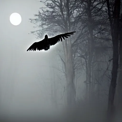 Image similar to huge owl with outstretched wings flapping flying hunting at night through fog talons reaching for prey striking killing a rabbit in the forest lit by the full moon fog moving through feathers