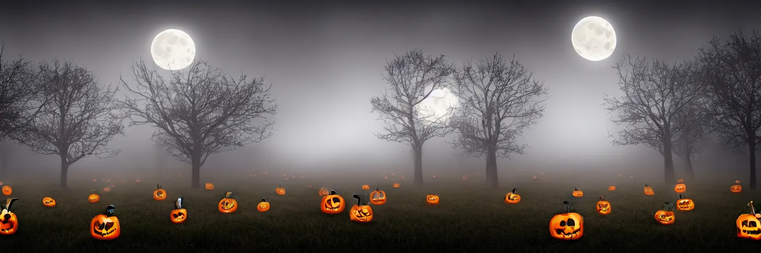 Image similar to A field of scary Halloween pumpkins with eyes looking straight into camera, full moon lighting, foggy November atmosphere, cinematic lighting, photo realistic image, 4K, unreal engine, super detailed, cinematic look