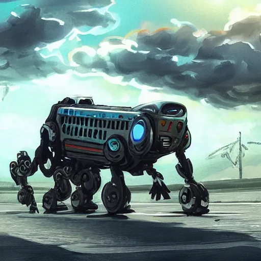 Image similar to robots on the road, quadruped machines as public transportation, wheelless vehicles, futuristic illustration, science fiction concept art
