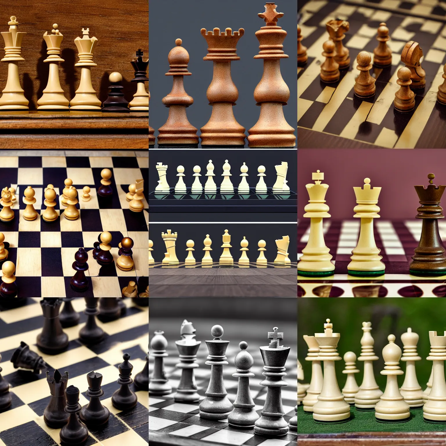 Prompt: various chess pieces in various states of decay