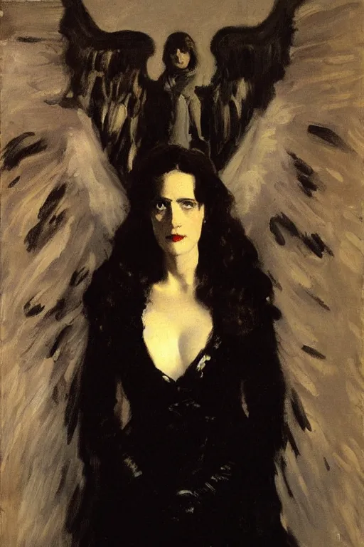 Image similar to portrait of eva green as an angel of death by walter sickert, john singer sargent, and william open