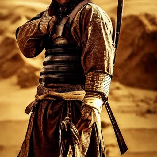 Image similar to handsome and strong! kurdish! samurai in a movie directed by christopher nolan, movie still frame, promotional image, imax 7 0 mm footage, perfect symmetrical facial features