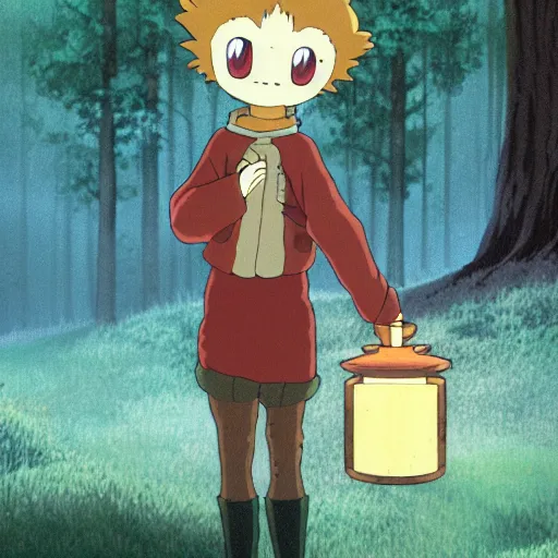 Image similar to a fox humanoid anime character carrying a candle in his hands, the forest, by studio ghibli