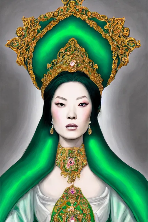 Prompt: a beautiful empress photo portrait, with a brilliant, impossible striking shiny big emerald headpiece, white and emerald robes, symmetrical, rococo, baroque, jewels, asian, realistic, closeup, D&D, fantasy, intricate, elegant, highly detailed, digital painting, artstation, octane render, 8k, concept art, matte, sharp focus, illustration, art by Artgerm and Greg Rutkowski and Alphonse Mucha