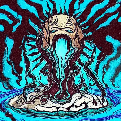 Prompt: “an eldritch god emerging from a lake of acid”