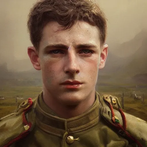 Prompt: a dramatic epic ethereal portrait of a British WWI soldier, young male, detailed face, 20th century, cinematic lighting, highly detailed oil on canvas painting by Greg Rutkowski, winning-award digital art trending on Artstation