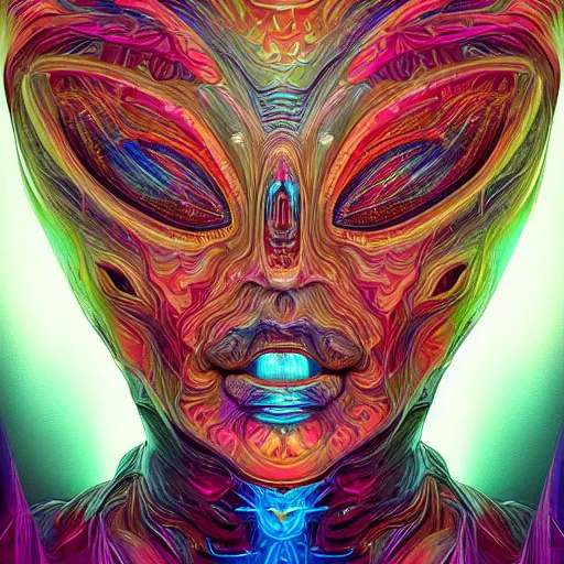 Image similar to Face of a Alien Deity, centered, corals, plume made of geometry, extremly detailed digital painting, sharp focus in the style of android jones, artwork of a futuristic artificial intelligence superstar with frames made of detailed circuits, mystical colors, rim light, beautiful lighting, 8k, stunning scene, raytracing, octane, under water visual distortion, dark tones colors, trending on artstation