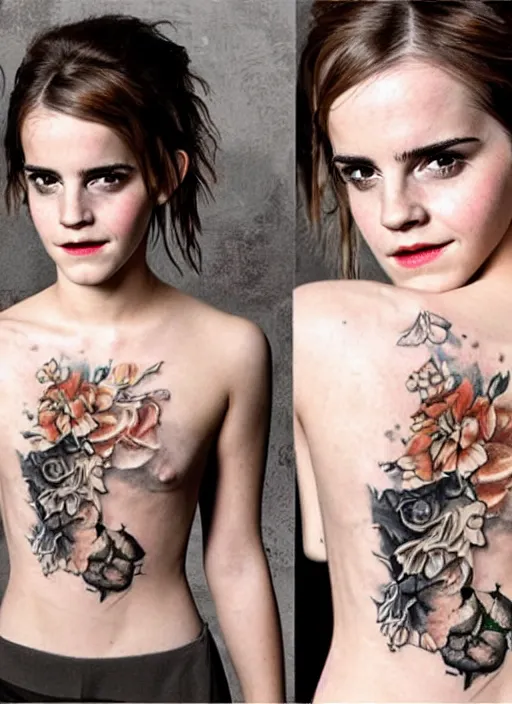 Image similar to emma watson, dope tattoo, hyperrealistic