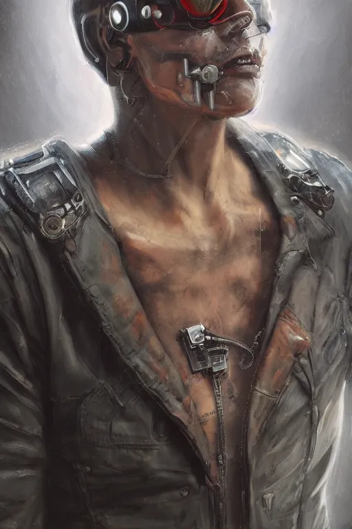 Prompt: illustration of an male cyberpunk character wearing bionic implants, criminal mugshot, mugshot, mugshot, gritty, gritty, highly detailed, oil on canvas, soft lighting, muted, pastel colors, by WLOP and Greg Staples, HD, 4K