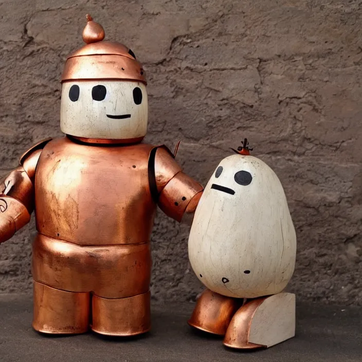 Image similar to a medieval baymax made out of wood and copper