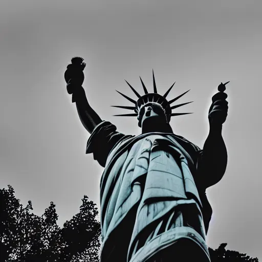 Image similar to the statue of liberty shaking her fist at the people below her, low - angle shot