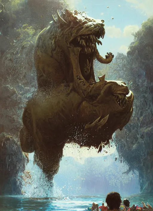 Prompt: huge towering brute beast demonic monster emerging from lake on sunny day, splashing, partially submerged, water cascading, by sergey kolesov and lawrence alma tadema and norman rockwell and greg staples and craig mullins and john berkey and ruan jia, artstation creature art