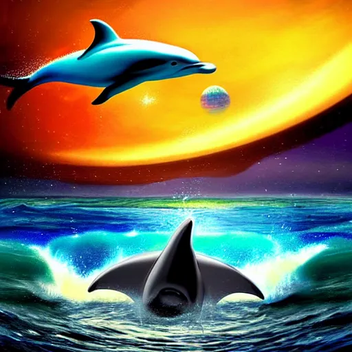 Prompt: a spaceship flies past an alien ocean and a dolphin wistfully watches from the water, sci-fi digital art illustration,