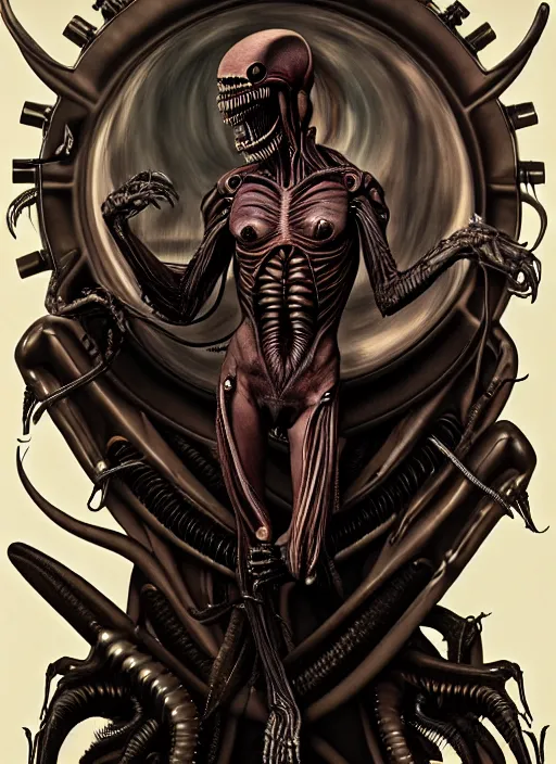 Image similar to ultra realistic, male human xenomorph, dracula, goth, tattoos, leather, fantasy, flesh, bone, body horror, intricate details, eerie, highly detailed, octane render, 8 k, art by artgerm and alphonse mucha and greg rutkowski