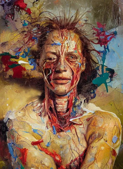 Prompt: highly detailed and textured painting of a deformed anatomical portrait with dead eyes, emotionally expressive, highly detailed impasto oil painting, paint splashes, paintvsplatter, paint drips, soft light, 1 6 k, vibrant colour palette, cinematic composition, cinematic lighting, sharp focus, masterpiece by adrian ghenie and jenny saville and alphonse mucha,